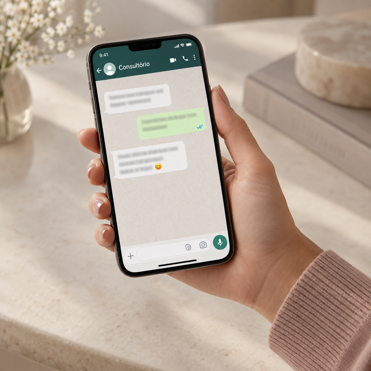 Mão segurando celular em uma conversa com o consultório no WhatsApp
